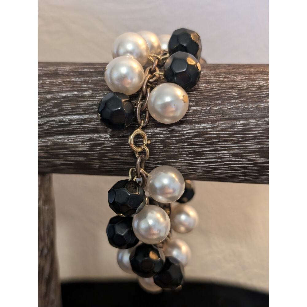 Vintage Black Faceted Acrylic & Faux Pearl Bead Cha-Cha Goldtone Bracelet